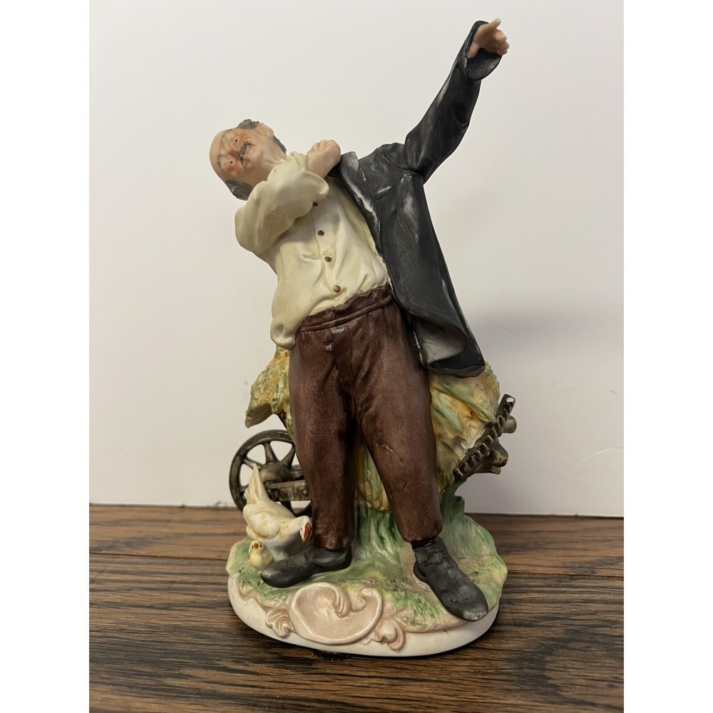 Capodimonte Style Porcelain Figurine Old Farmer and Wheelbarrow SIGNED